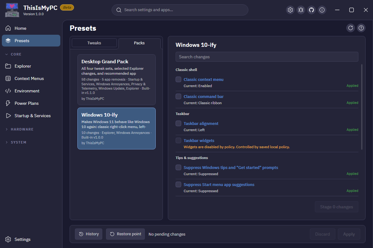 ThisIsMyPC Presets page showing the Windows 10-ify pack and individual settings.